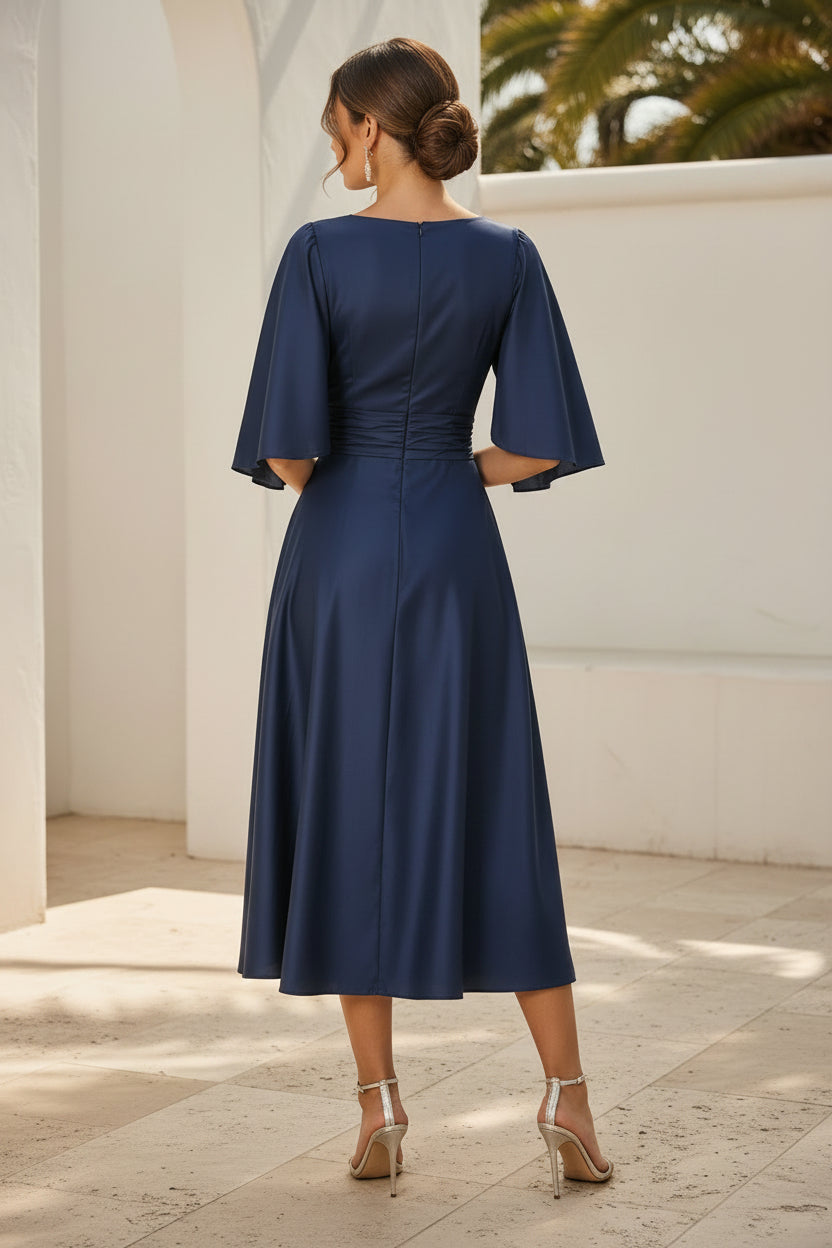 Flutter Sleeve Satin Midi Dress