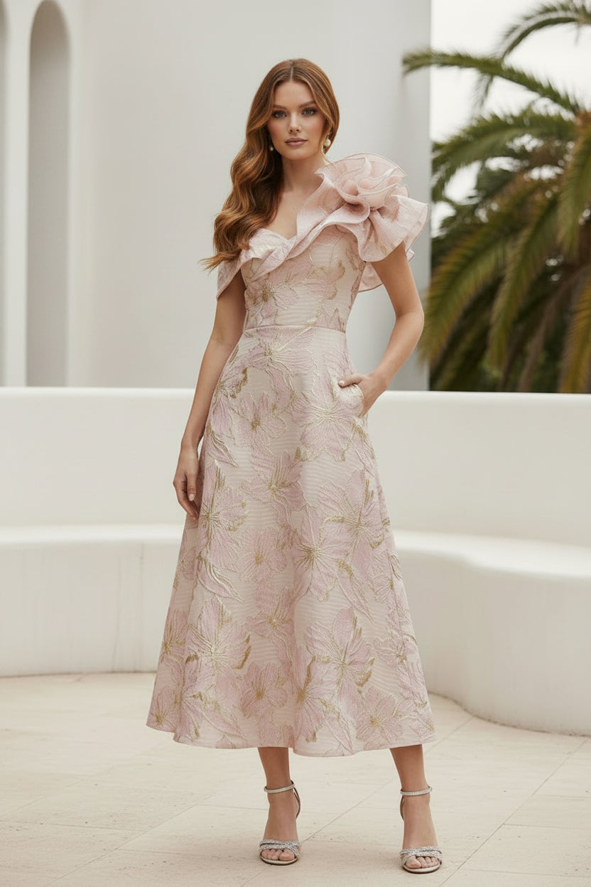 Floral Jacquard Off-Shoulder Midi Dress