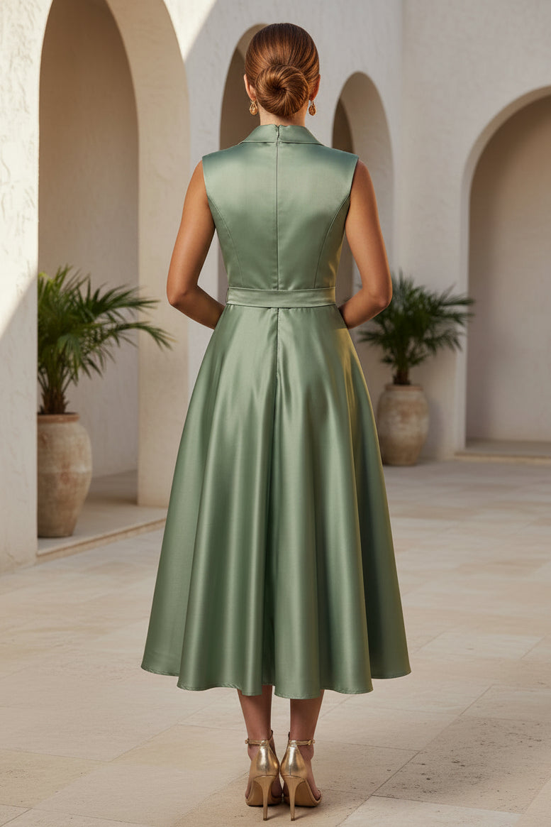 Satin Wrap Midi Dress with Notch Lapel & Bow Belt
