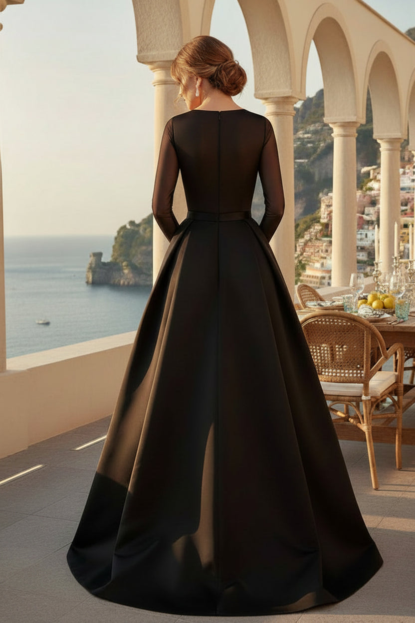 Illusion 3/4 Sleeve A-Line Evening Gown with Slit