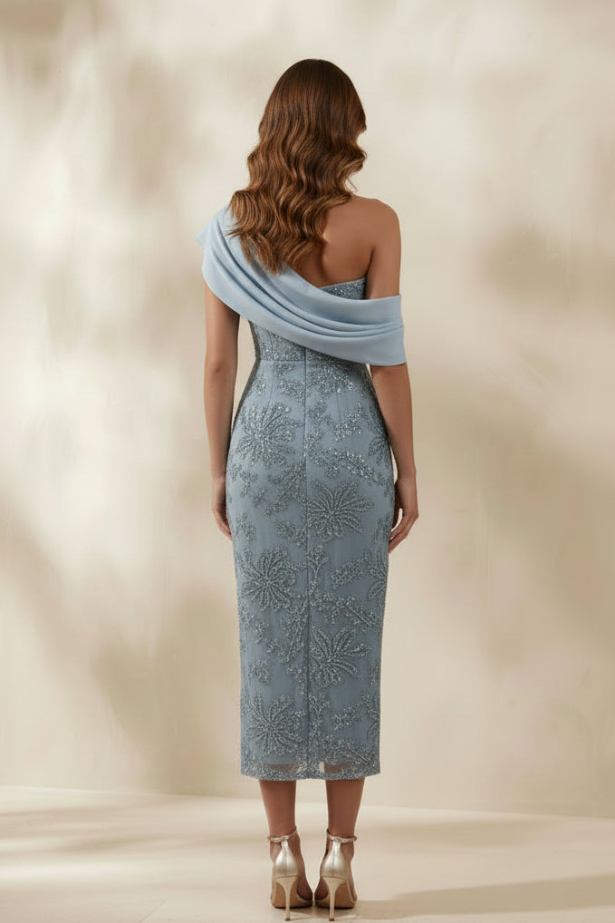 Beaded One-Shoulder Midi Sheath Dress