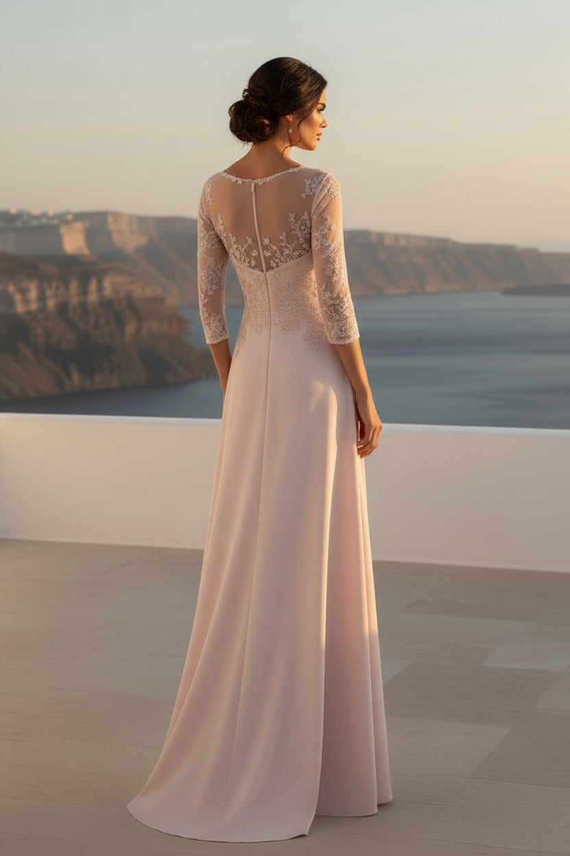 Lace 3/4 Sleeve Chiffon Evening Gown