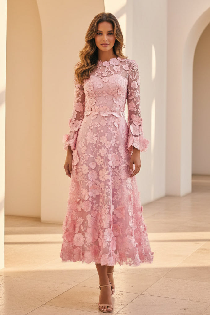 Elegant 3D Floral Applique A-Line Tea-Length Dress – Promlly