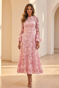 3D Floral Applique A-Line Midi Dress with Bell Sleeves