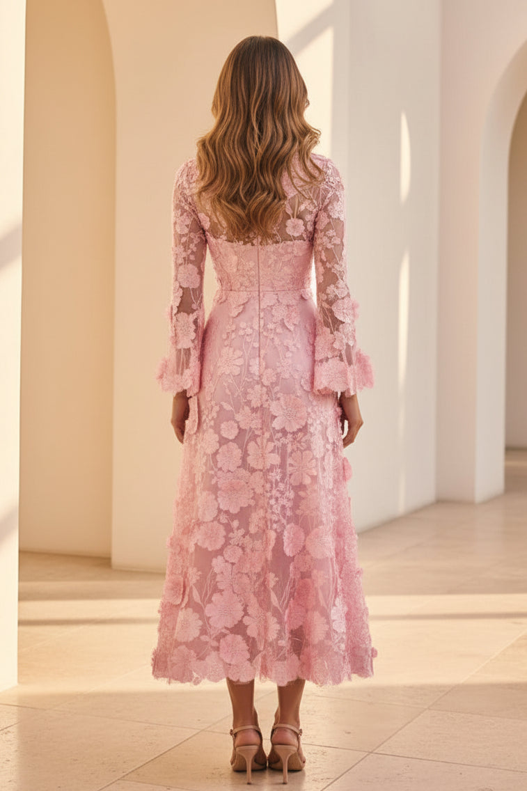 3D Floral Applique A-Line Midi Dress with Bell Sleeves