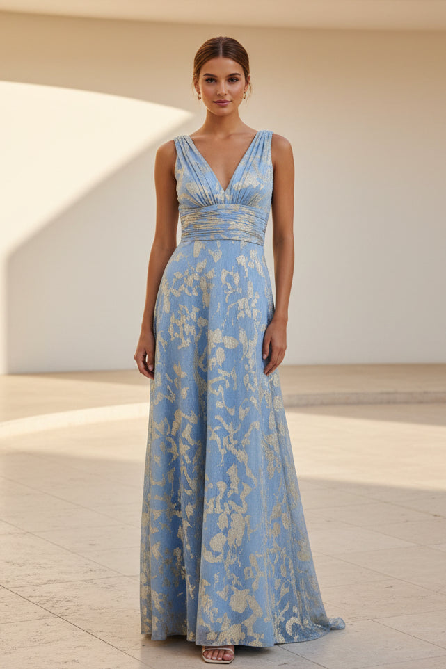 Metallic Jacquard V-Neck A-Line Maxi Dress