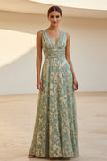 Metallic Jacquard V-Neck A-Line Maxi Dress