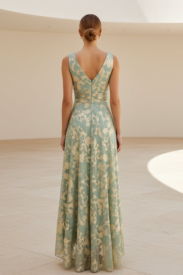 Metallic Jacquard V-Neck A-Line Maxi Dress