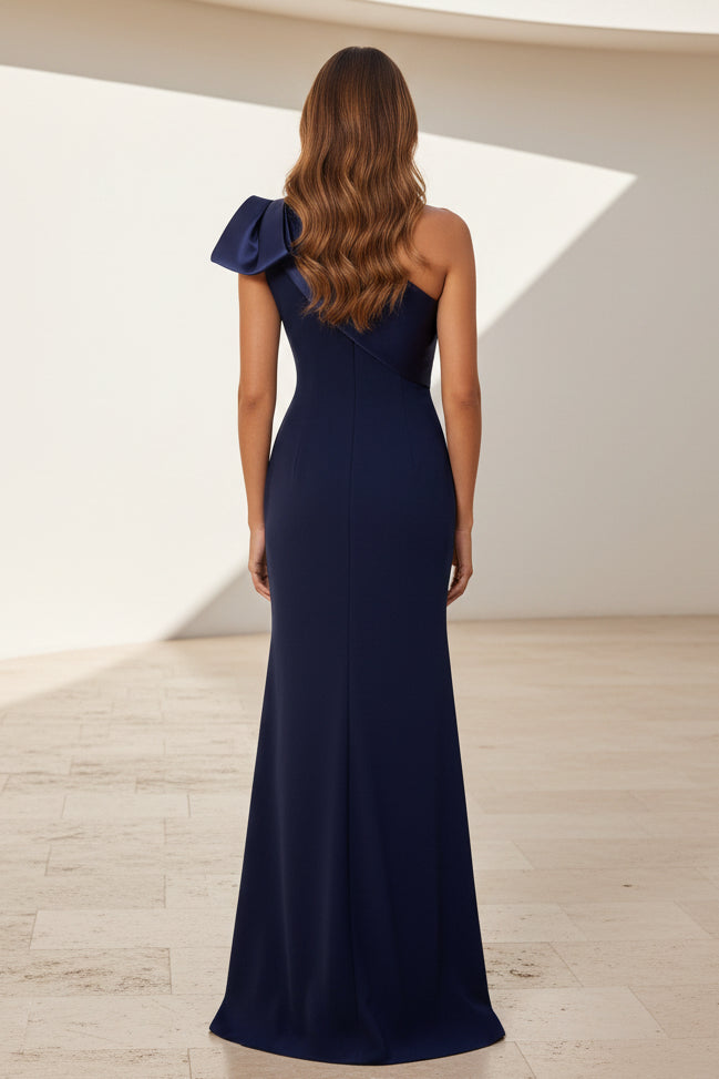 One-Shoulder Bow Crepe Evening Gown
