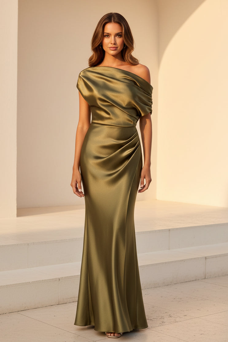 One-Shoulder Draped Satin Evening Gown