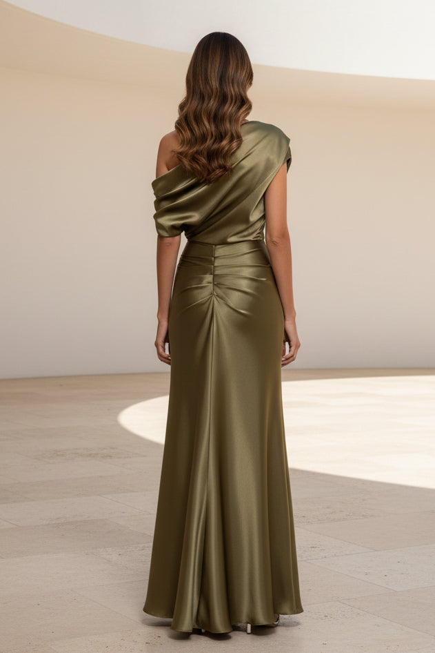 One-Shoulder Draped Satin Evening Gown