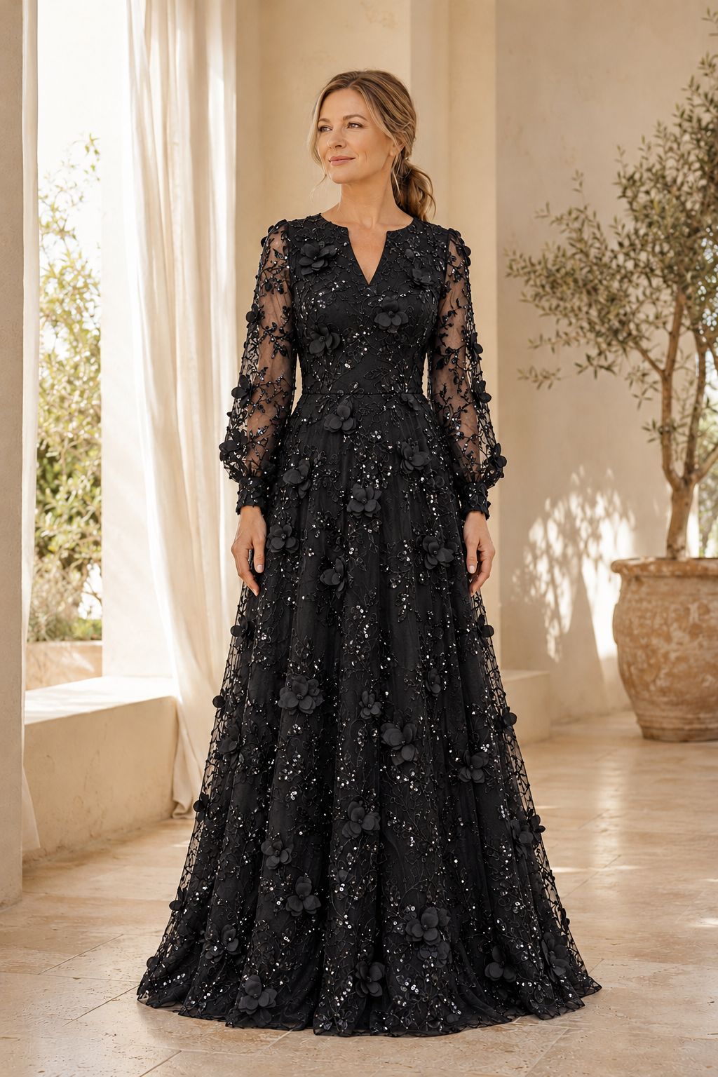 Long Sleeve Lace A-Line Gown with 3D Floral Appliques