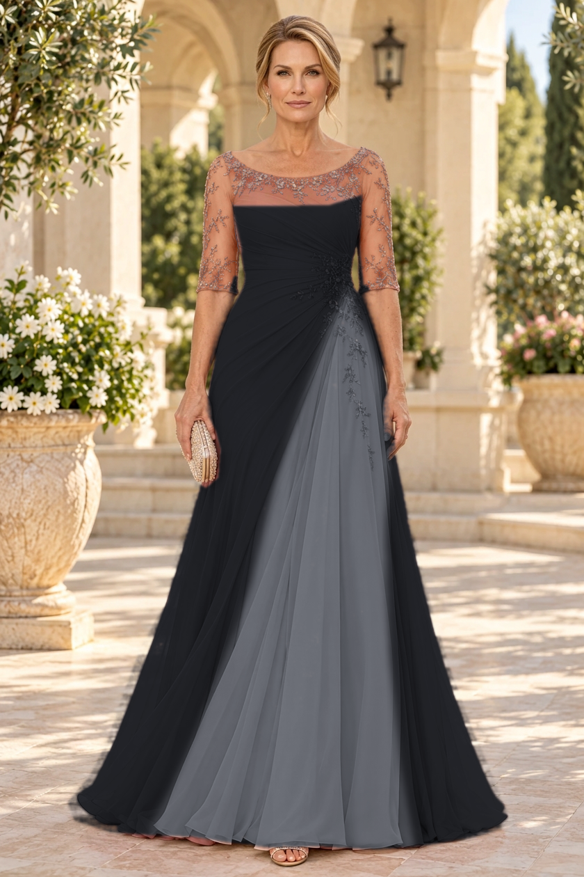 Ruched A-Line Gown with Floral Appliques