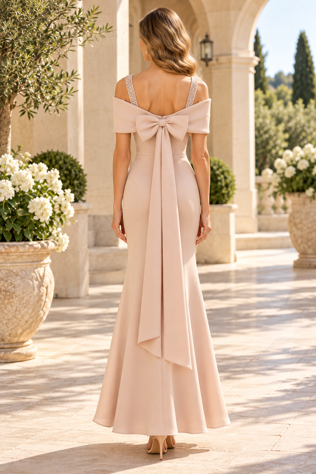Cold-Shoulder Maxi Gown with Back Bow Drape