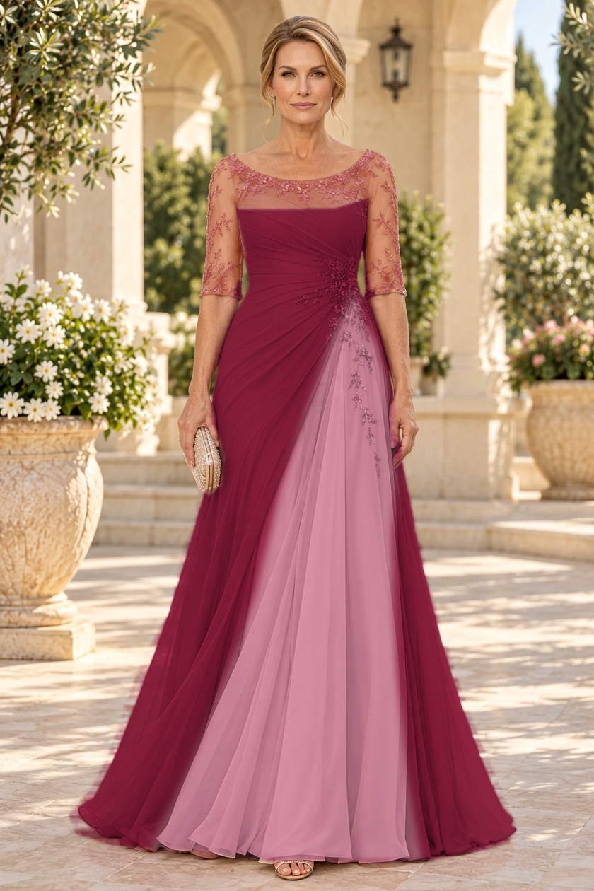 Ruched A-Line Gown with Floral Appliques