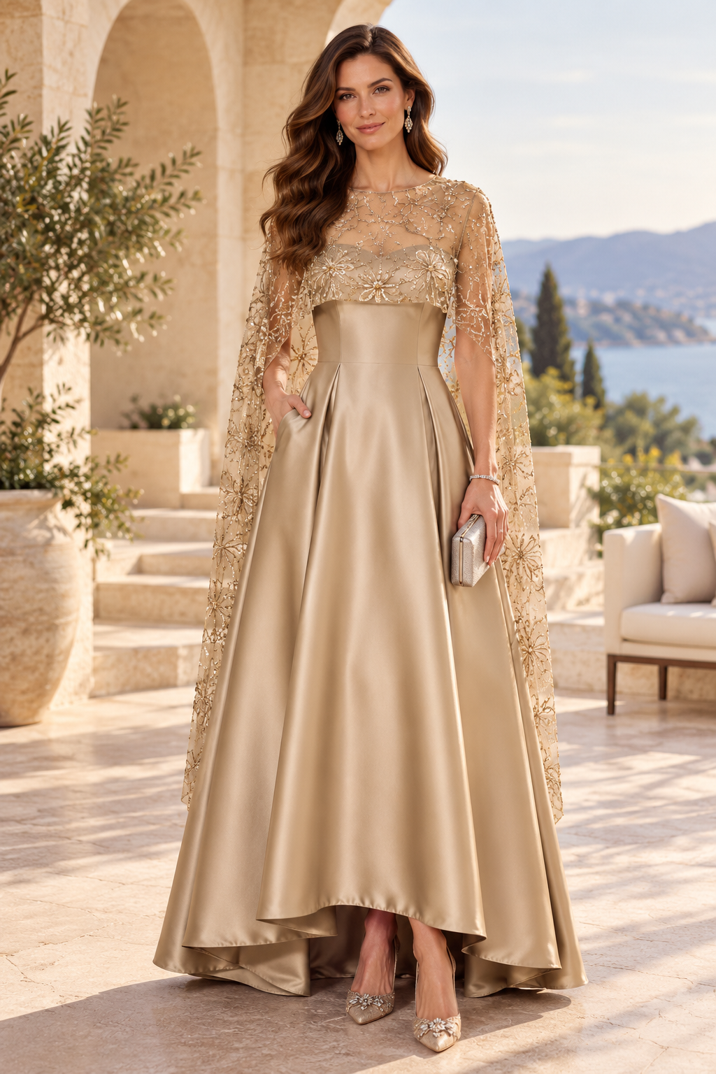 A-Line High-Low Gown with Floral Sequin Cape