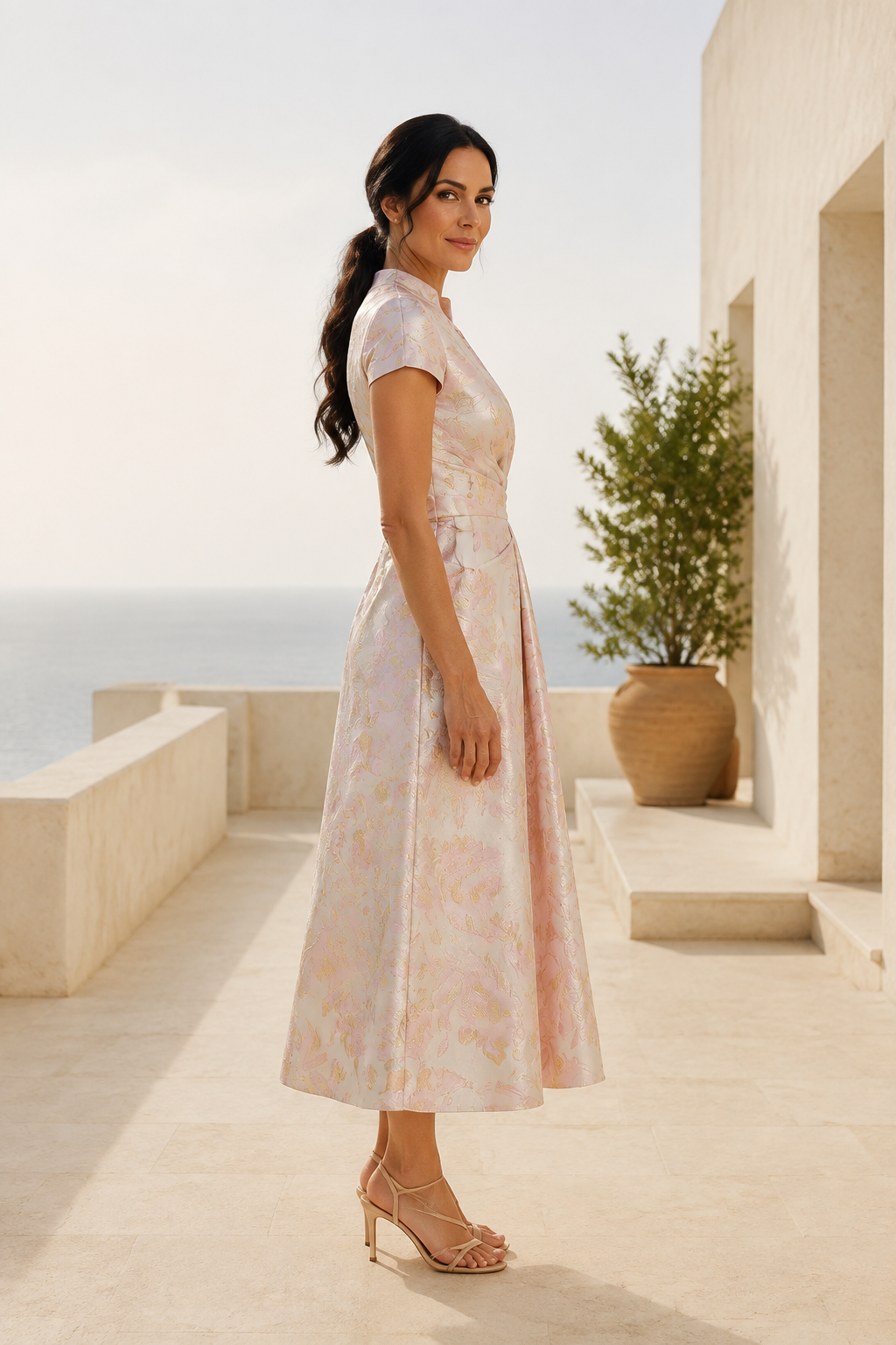 Floral Jacquard Wrap Midi Dress with Cap Sleeves
