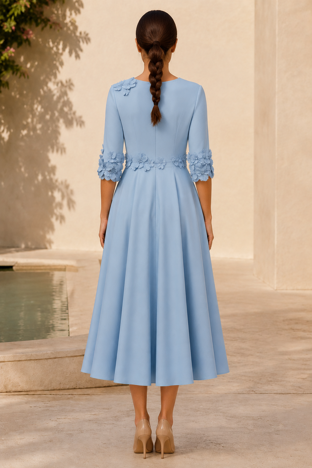 3D Floral Applique Midi Dress with 3/4 Sleeves