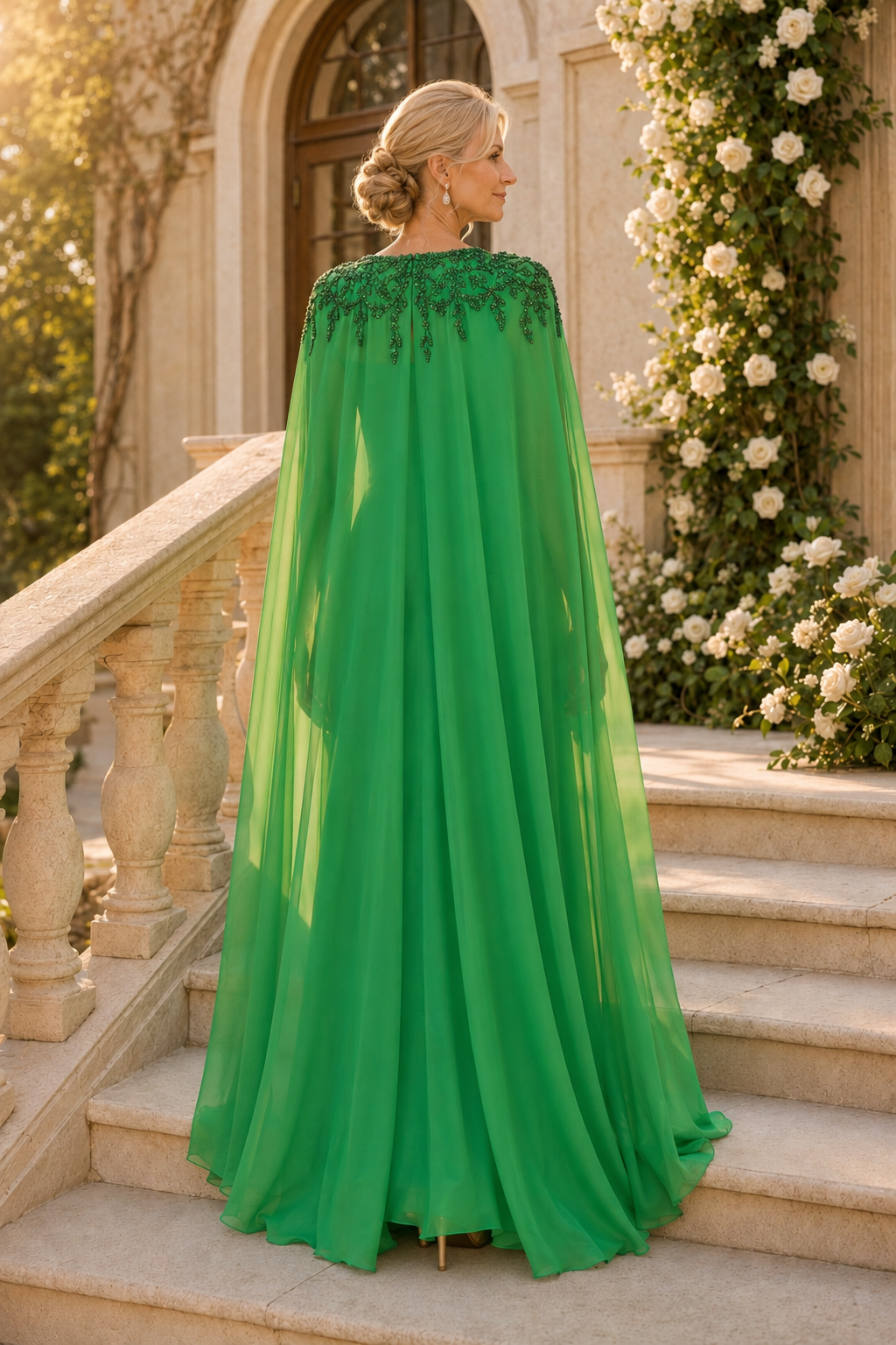 Strapless Pleated Evening Gown with Beaded Cape