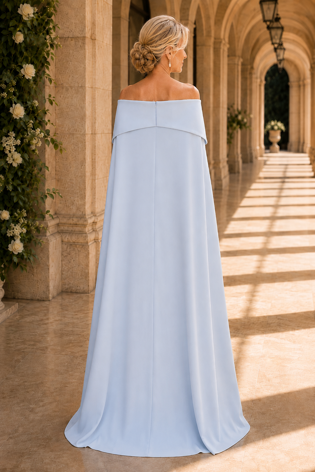 Beaded Off-the-Shoulder Cape Column Gown
