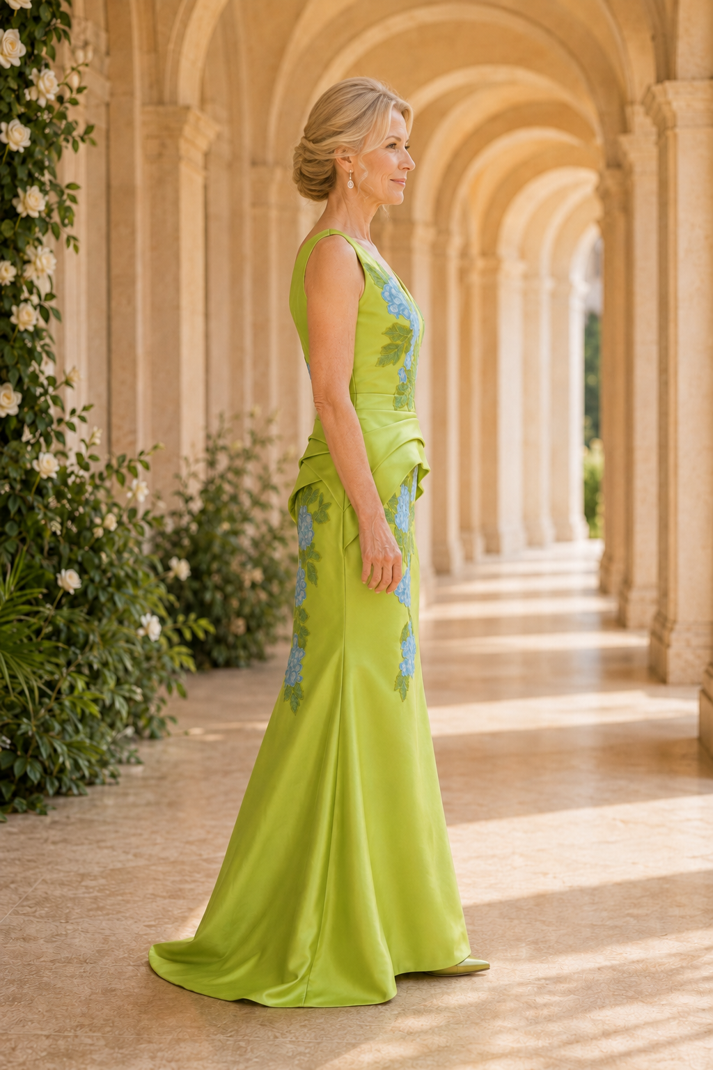 Floral Embroidered V-Neck Draped Satin Gown
