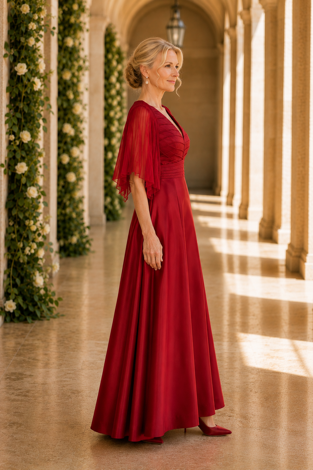 A-Line Gown with Ruched Bodice and Cape Sleeves