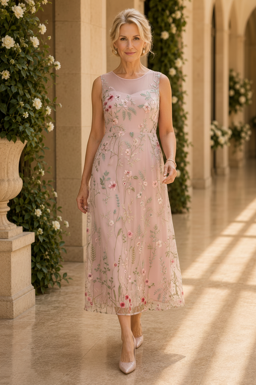 Blumengesticktes Midikleid mit langem Cardigan