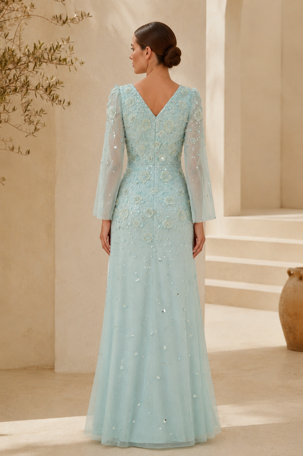 Floral Beaded Long Sleeve Evening Gown