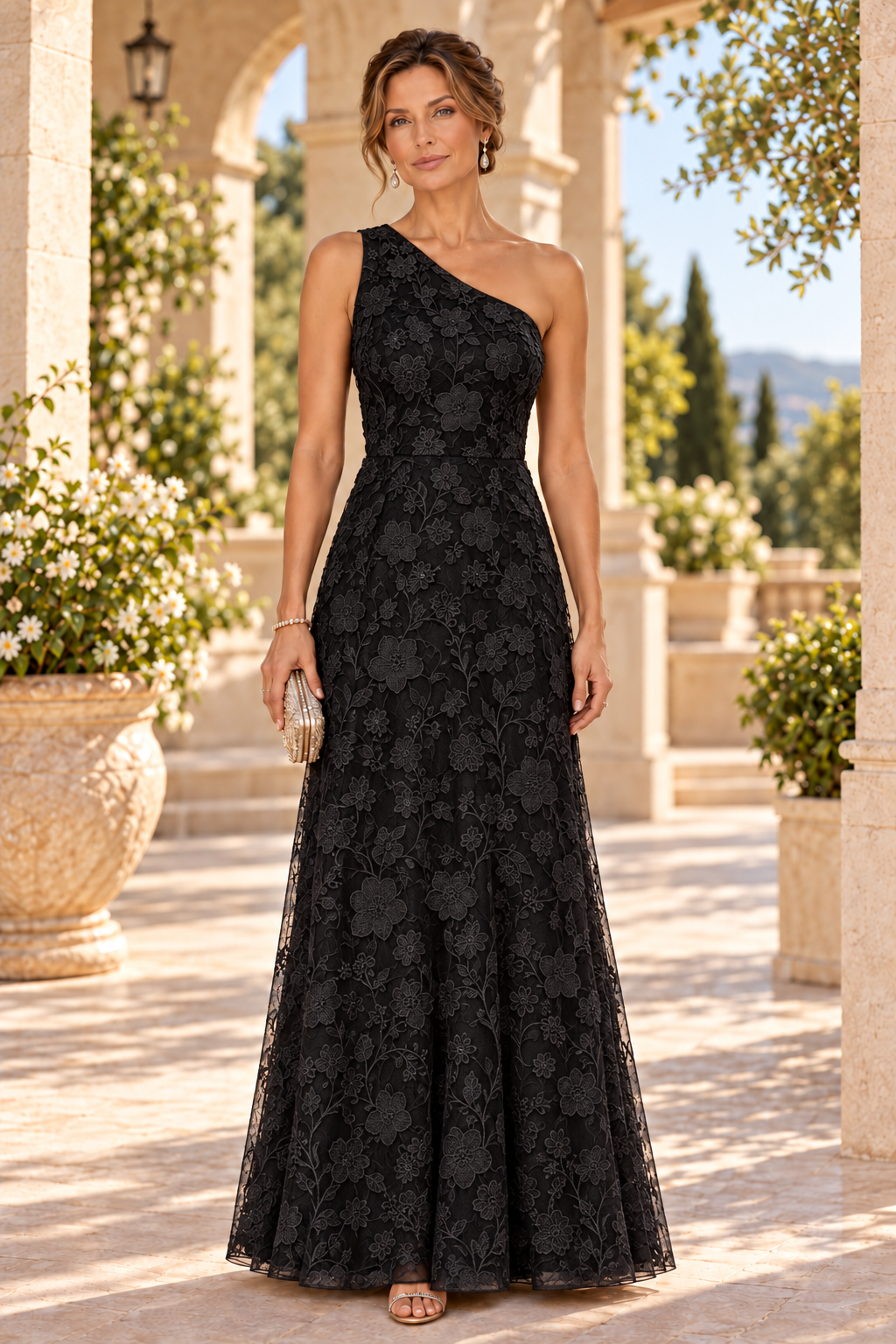 One-Shoulder Floral Embroidered A-Line Gown