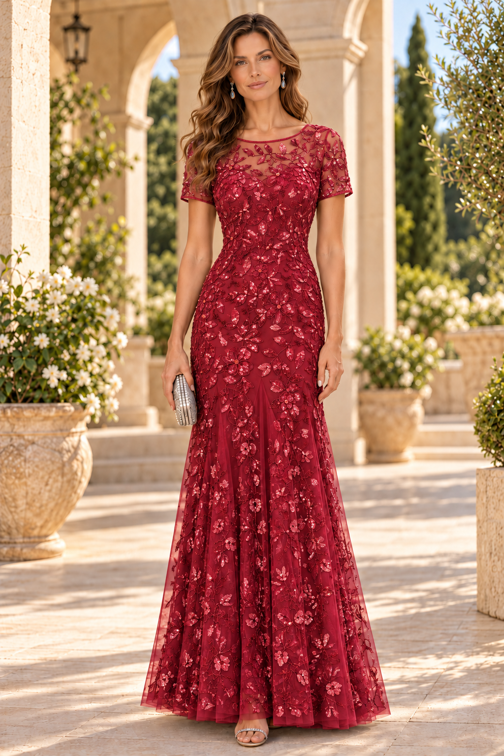 Floral Sequin Short Sleeve Column Gown