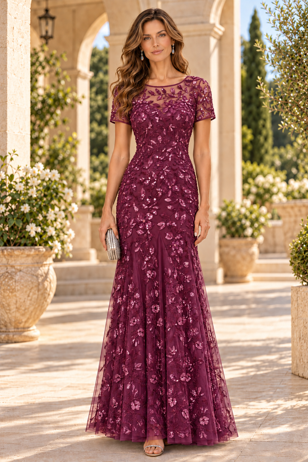 Floral Sequin Short Sleeve Column Gown