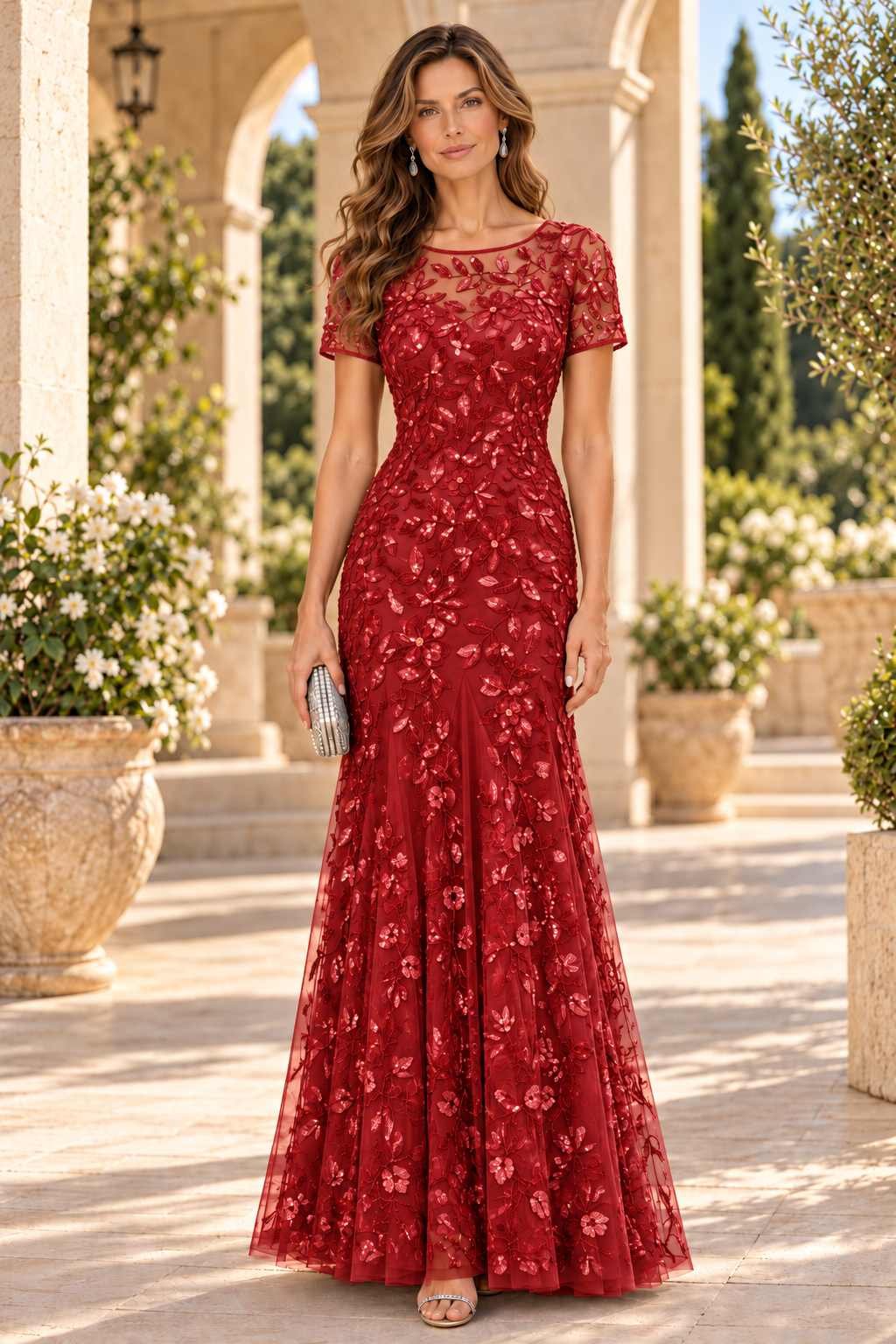 Floral Sequin Short Sleeve Column Gown