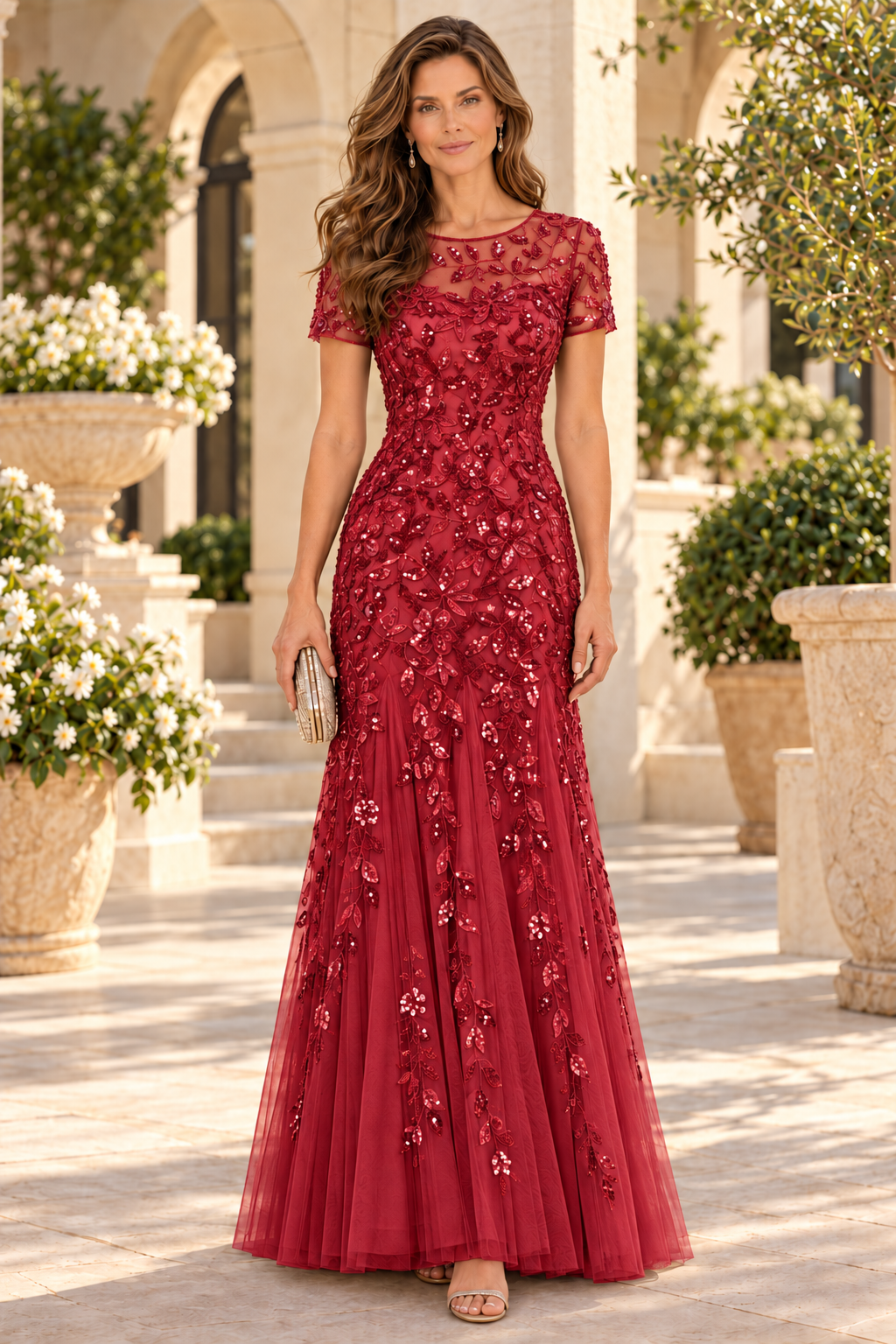 Sequined Tulle Mermaid Gown with Short Sleeves
