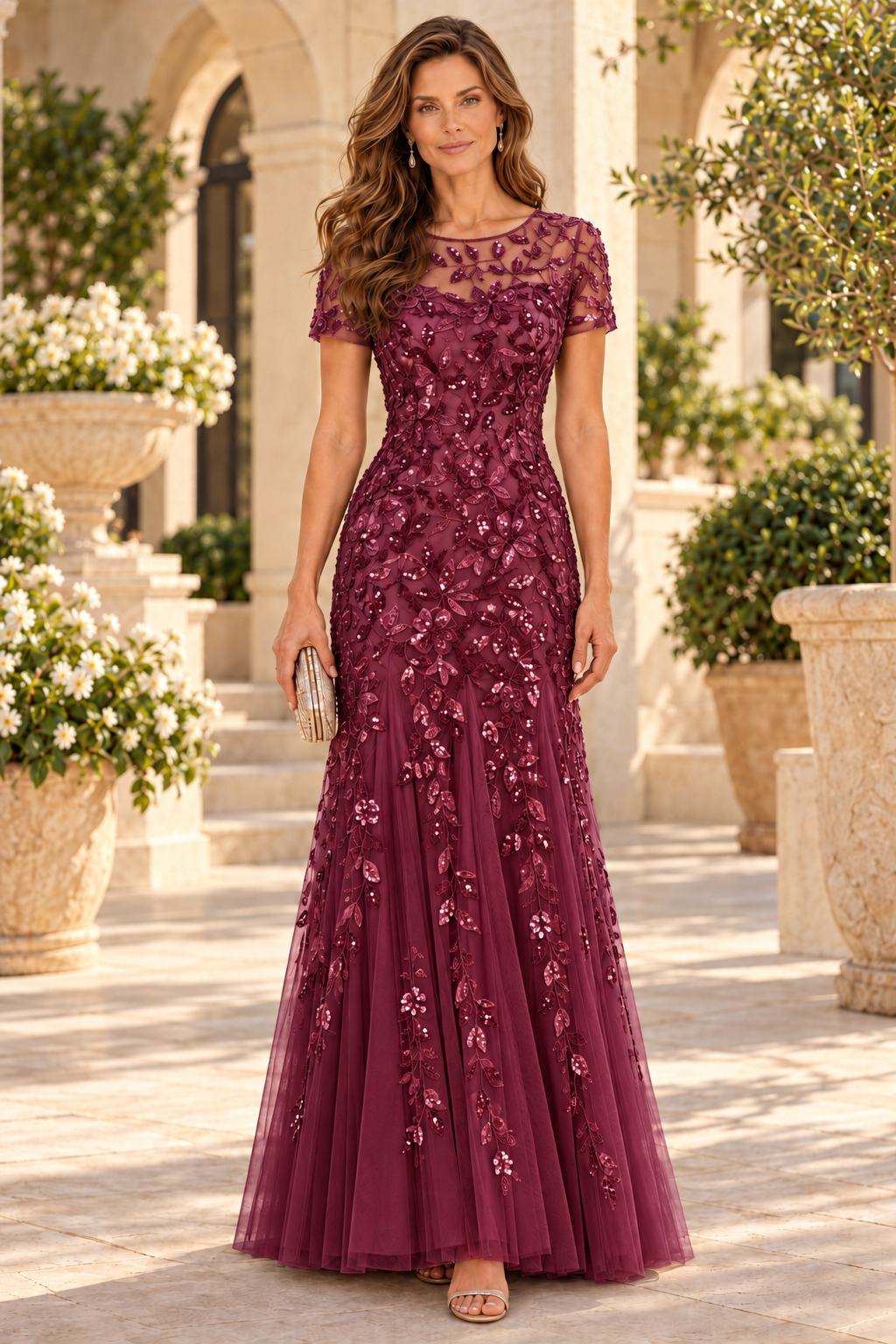 Sequined Tulle Mermaid Gown with Short Sleeves