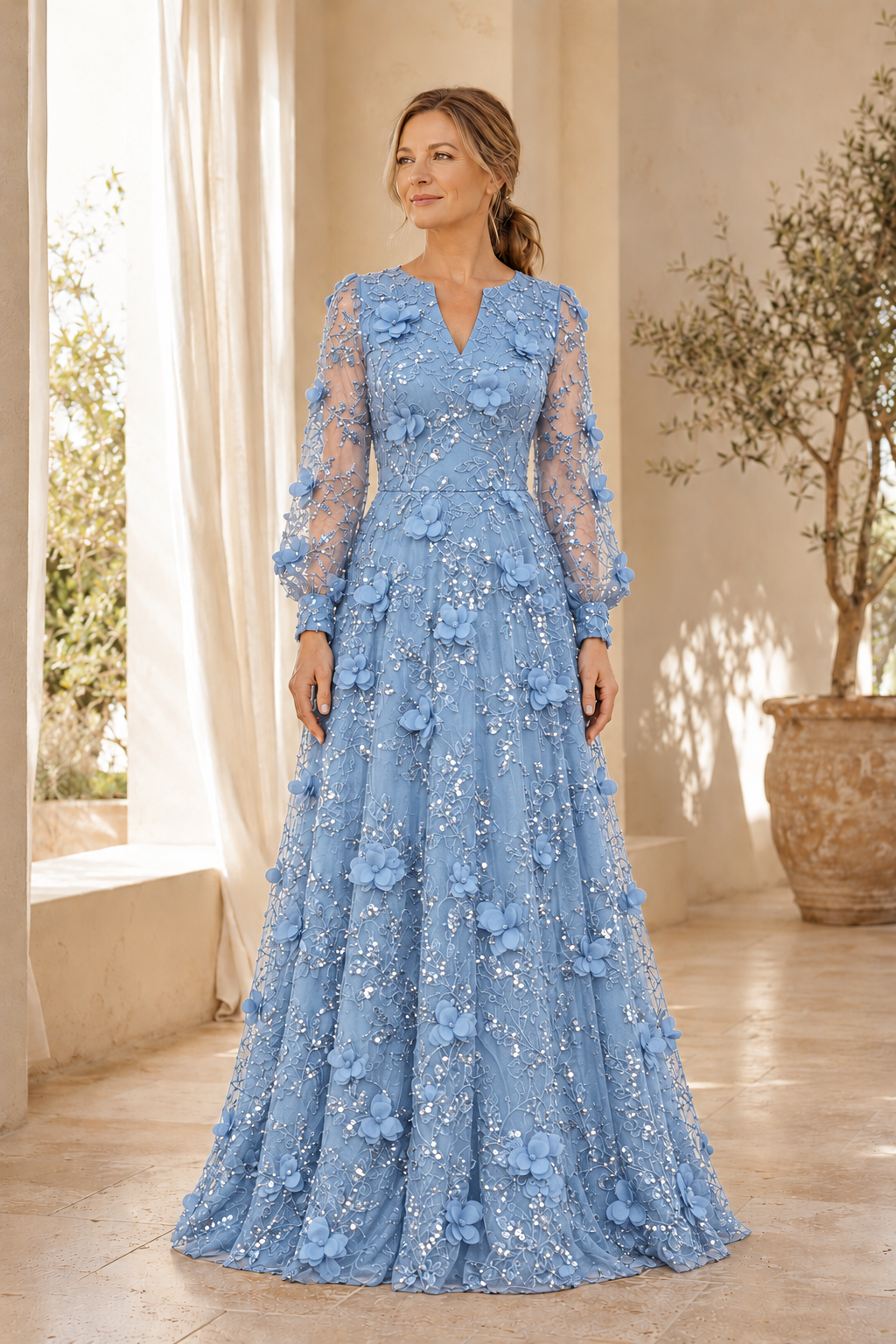 Long Sleeve Lace A-Line Gown with 3D Floral Appliques