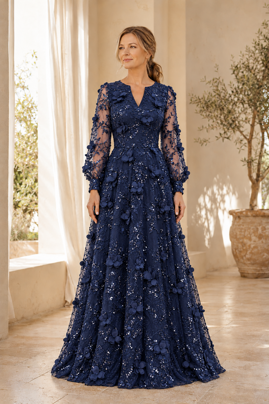Long Sleeve Lace A-Line Gown with 3D Floral Appliques