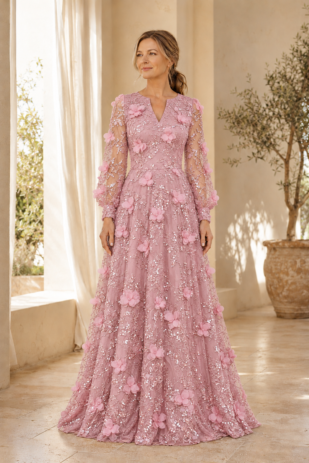 Long Sleeve Lace A-Line Gown with 3D Floral Appliques