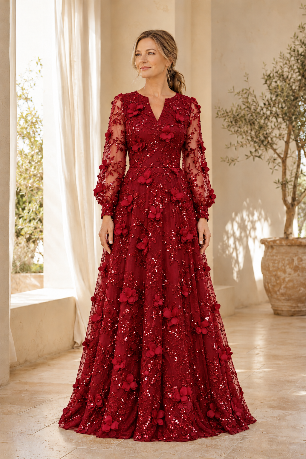 Long Sleeve Lace A-Line Gown with 3D Floral Appliques