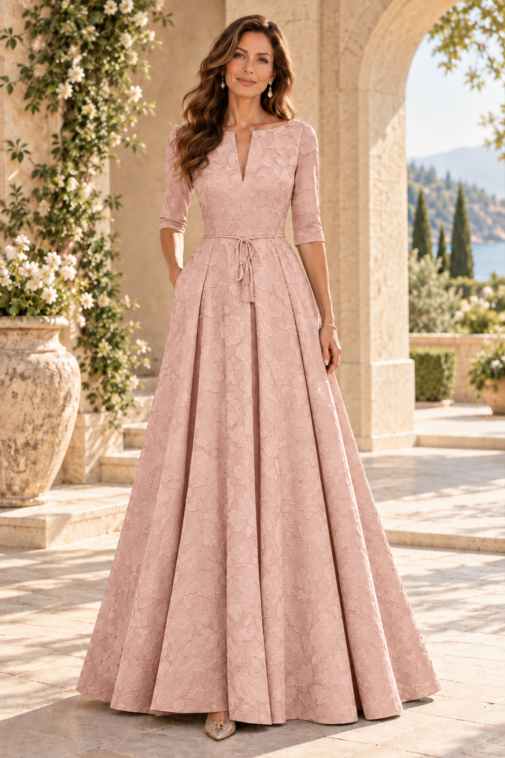 Jacquard A-Line Gown with Slit Neckline & 3/4 Sleeves