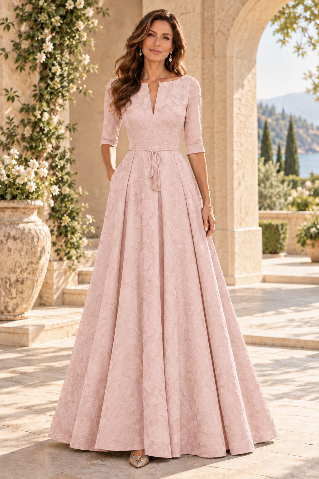 Jacquard A-Line Gown with Slit Neckline & 3/4 Sleeves