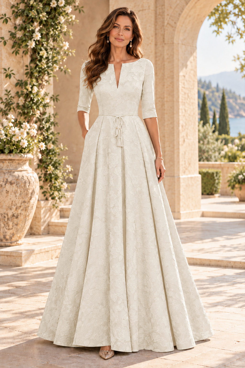 Jacquard A-Line Gown with Slit Neckline & 3/4 Sleeves