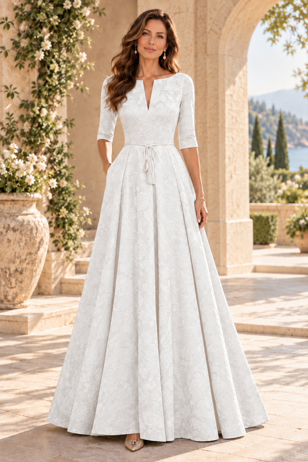 Jacquard A-Line Gown with Slit Neckline & 3/4 Sleeves