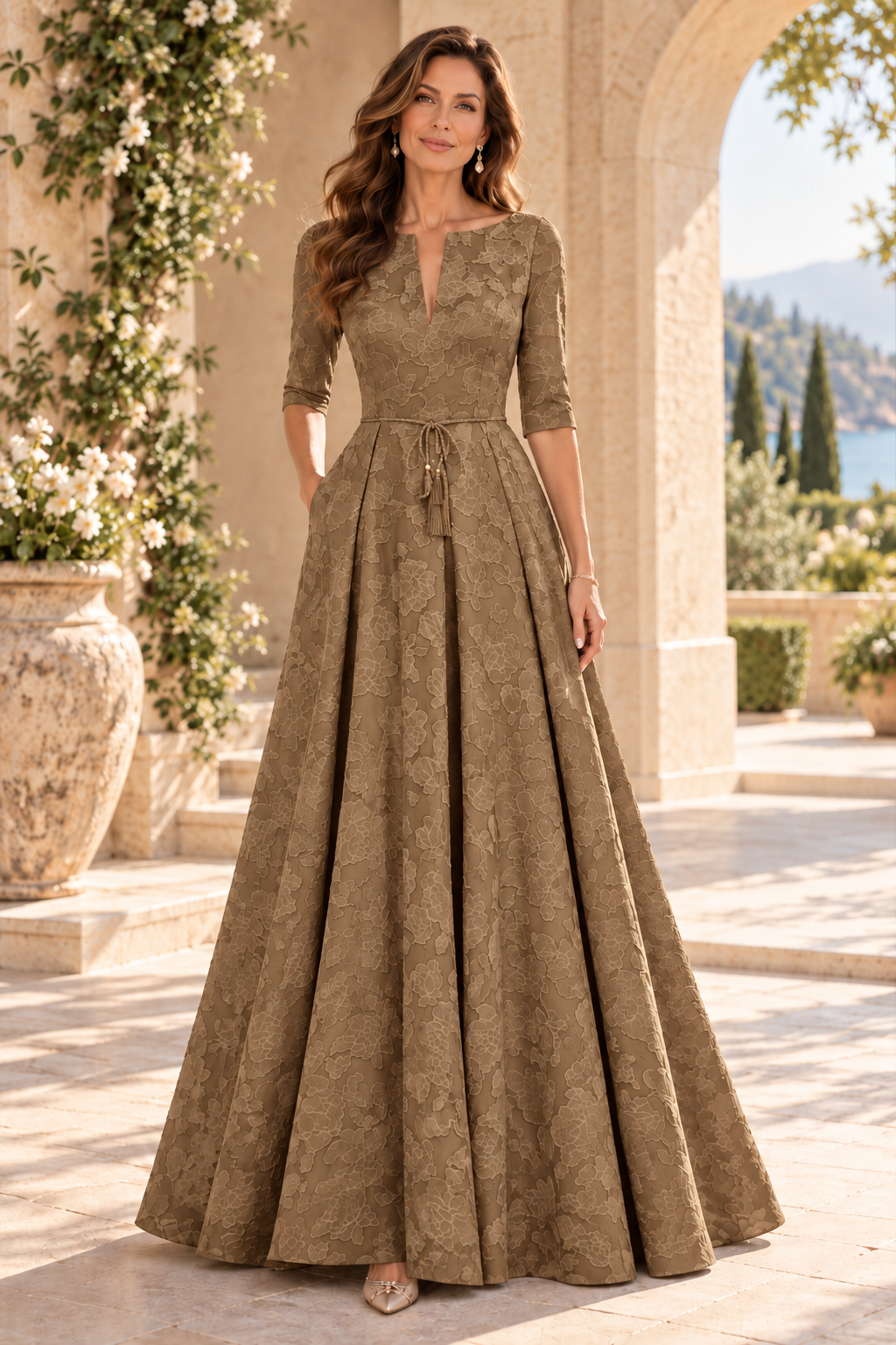 Jacquard A-Line Gown with Slit Neckline & 3/4 Sleeves