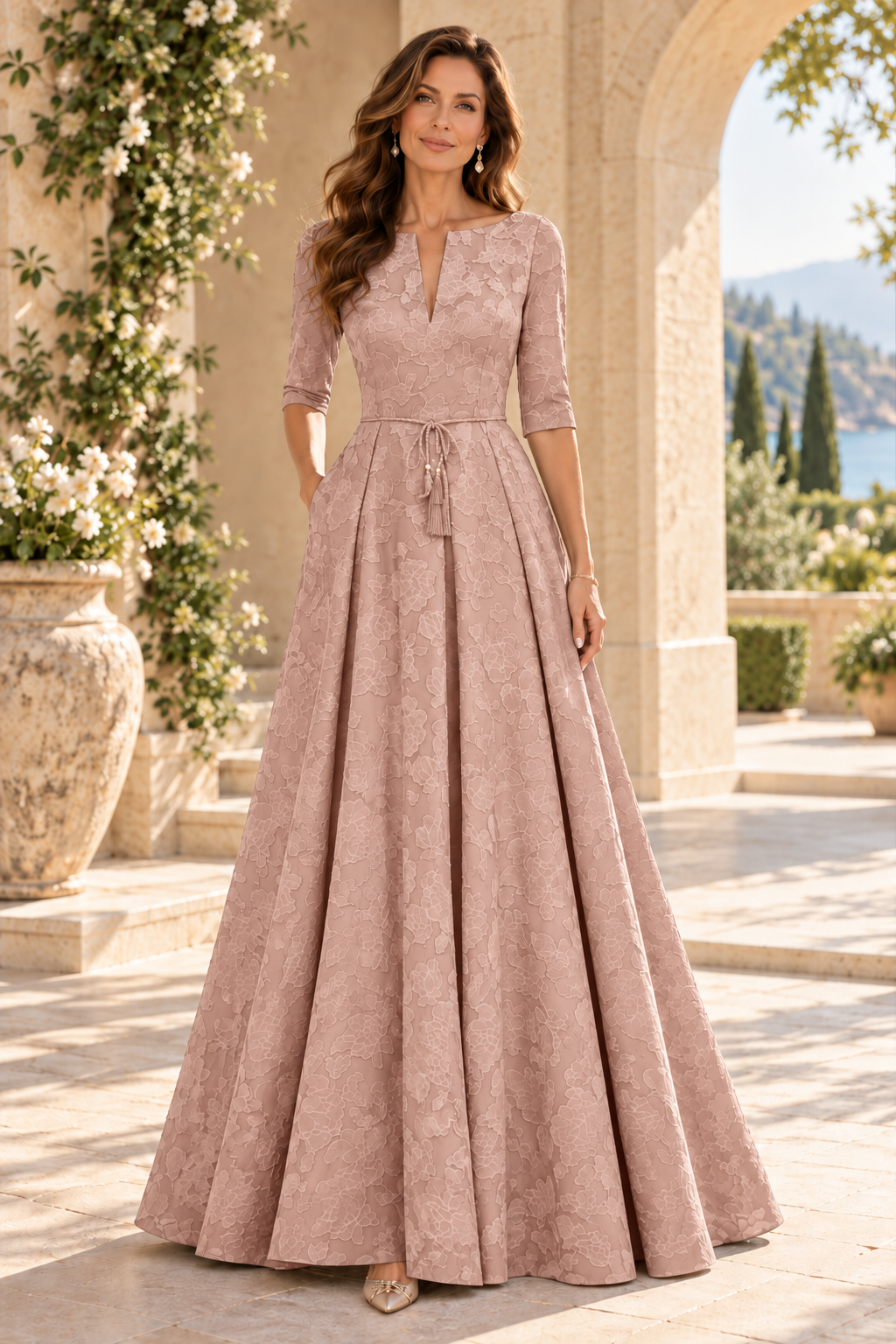 Jacquard A-Line Gown with Slit Neckline & 3/4 Sleeves