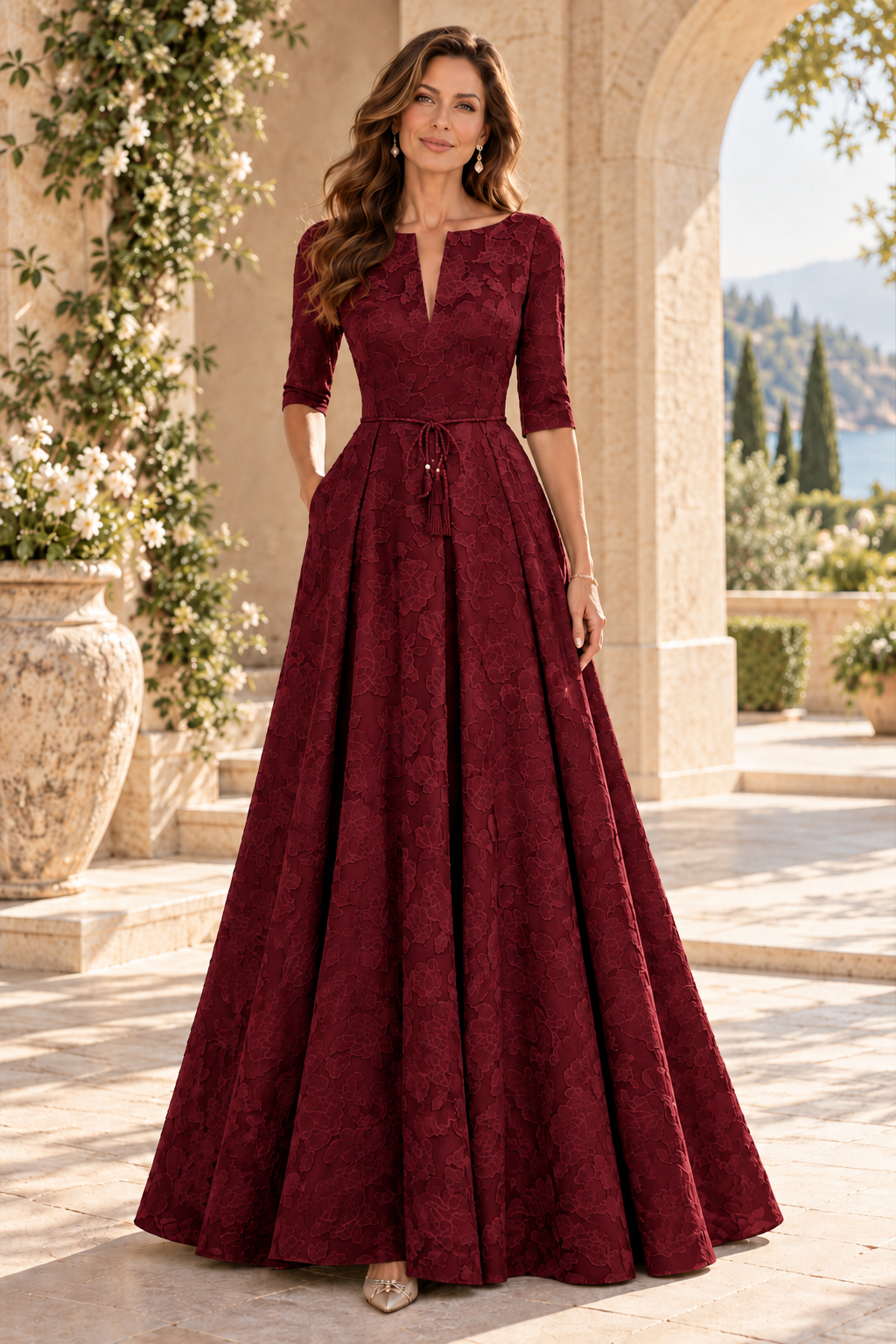Jacquard A-Line Gown with Slit Neckline & 3/4 Sleeves