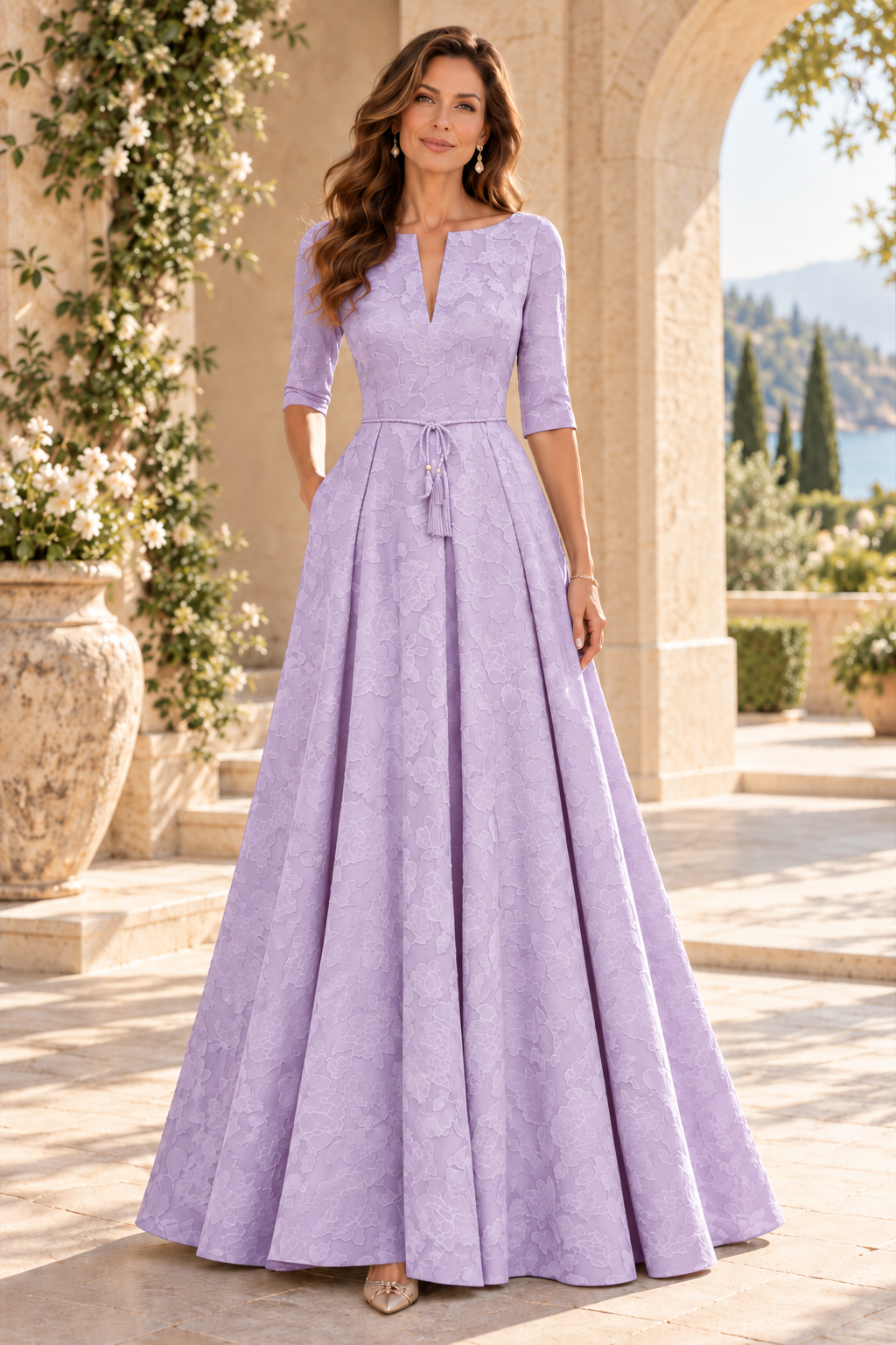 Jacquard A-Line Gown with Slit Neckline & 3/4 Sleeves