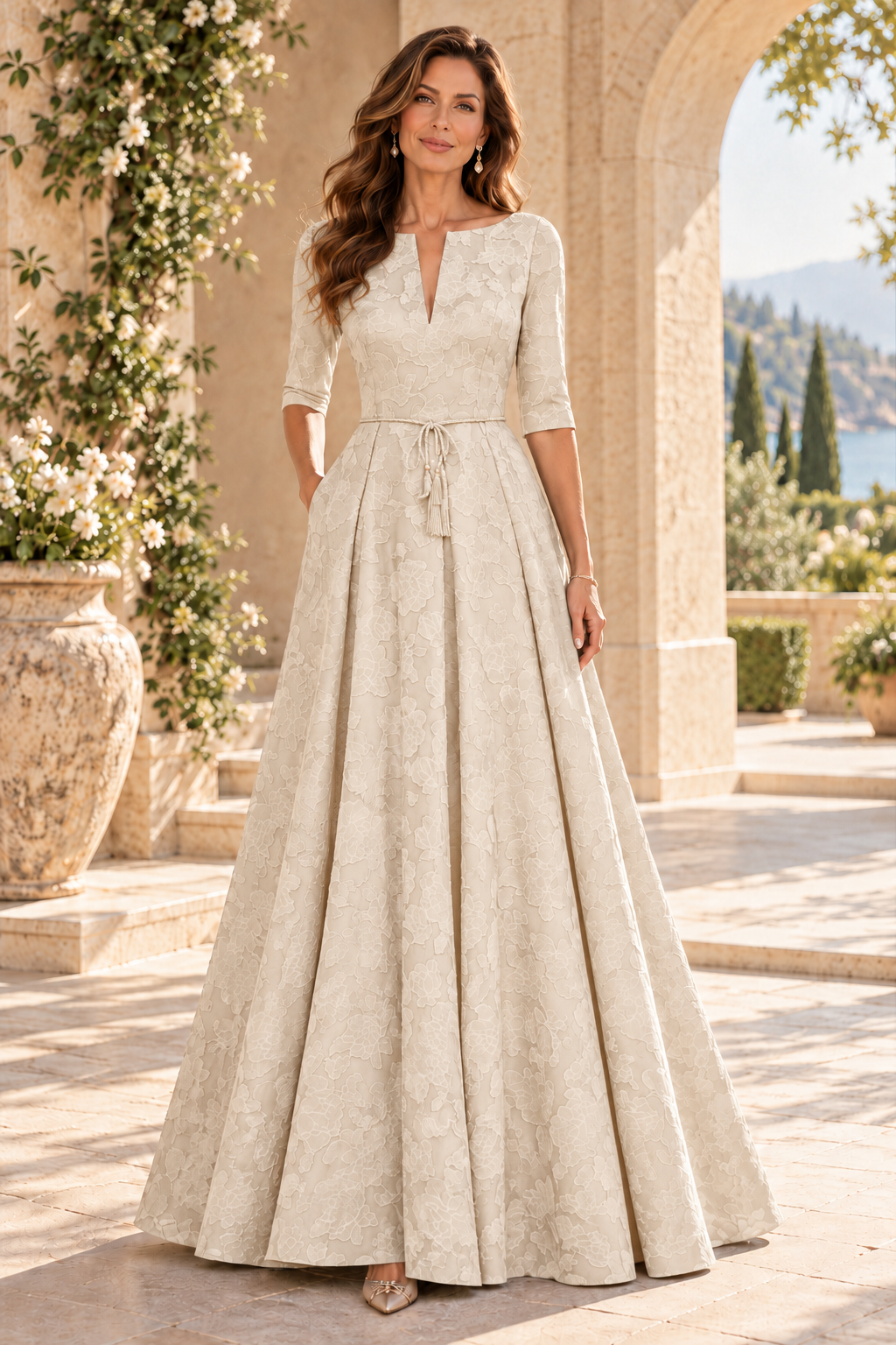 Jacquard A-Line Gown with Slit Neckline & 3/4 Sleeves