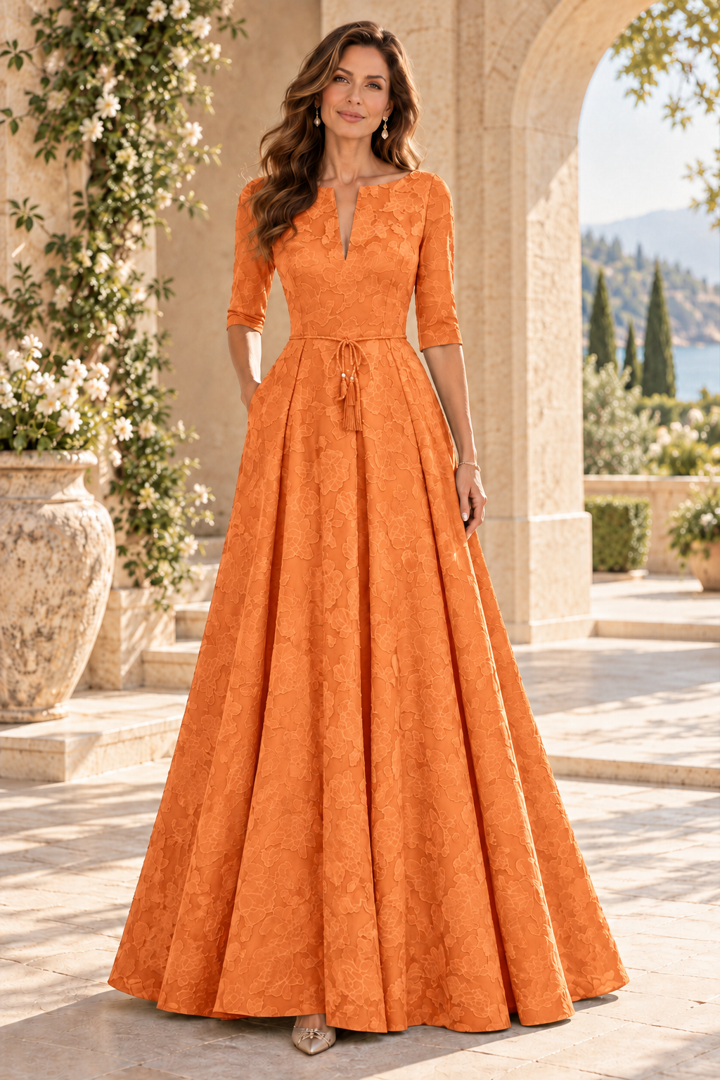 Jacquard A-Line Gown with Slit Neckline & 3/4 Sleeves