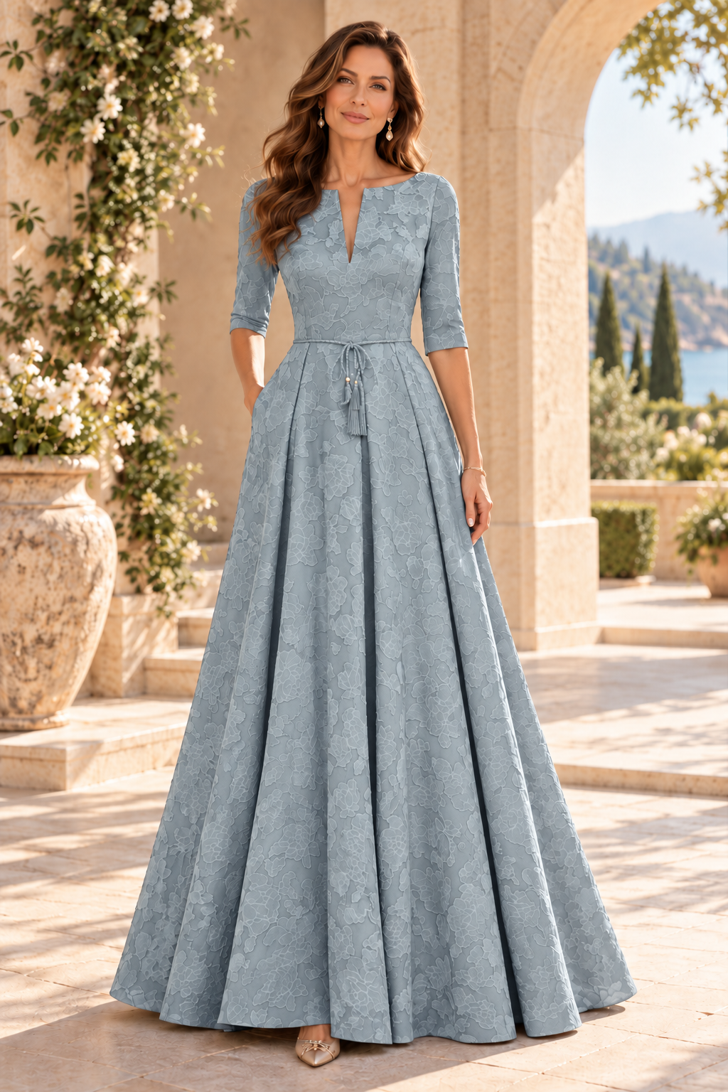 Jacquard A-Line Gown with Slit Neckline & 3/4 Sleeves
