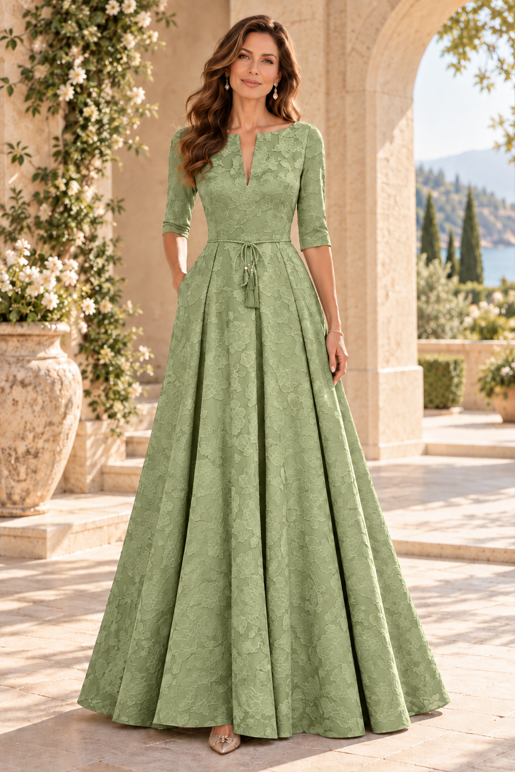 Jacquard A-Line Gown with Slit Neckline & 3/4 Sleeves